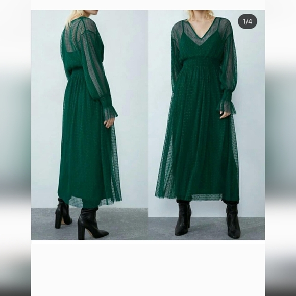 Zara Green Long Sleeve Dress Weddings Slip Sheer Midi Gorgeous Deep Green Small - Picture 14 of 16